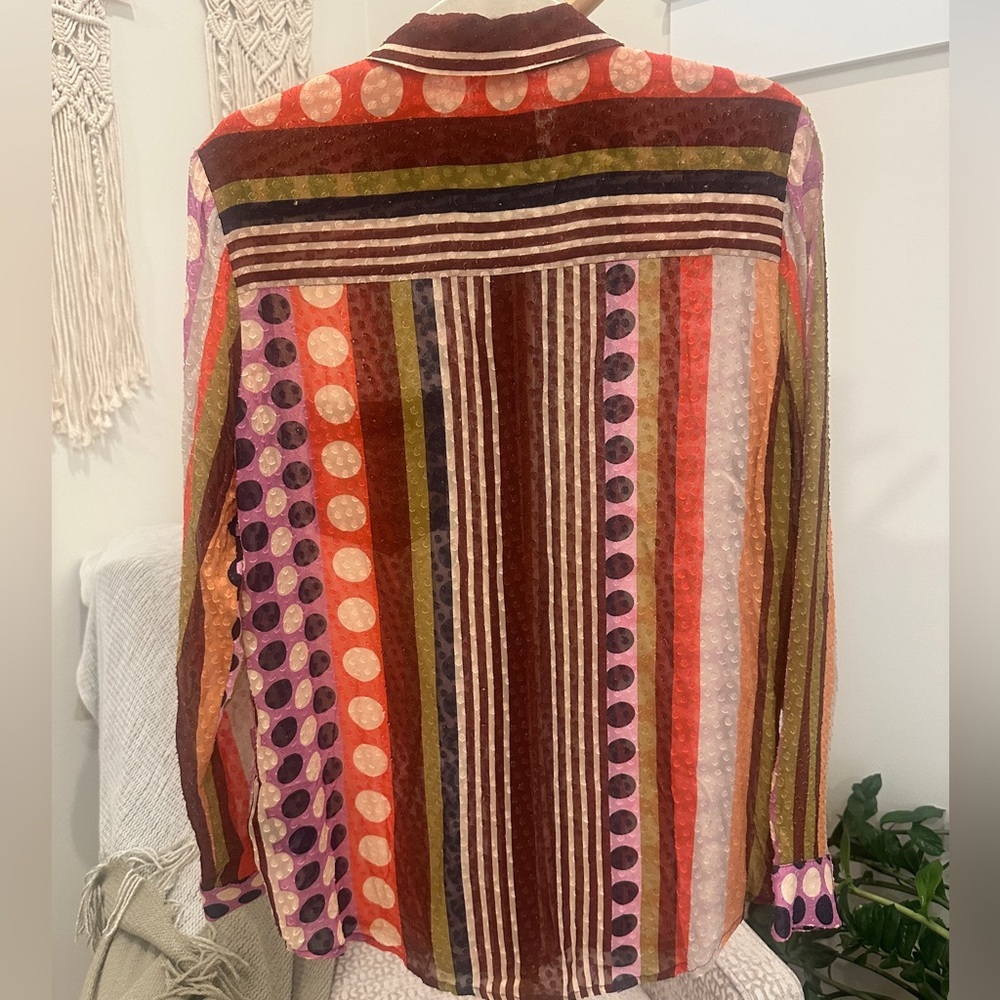 Le Superbe Mixed Print Striped Polka Dot Viscose Button Down Blouse - Picture 4 of 5